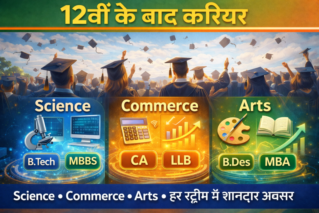 Career options after 12th 2026 thumbnail showing science, commerce, arts streams with graduation background and top career choices like BTech, MBBS, CA, LLB, MBA12वीं के बाद सही करियर चुनें – हर स्ट्रीम में बेहतरीन अवसर और ग्रोथ