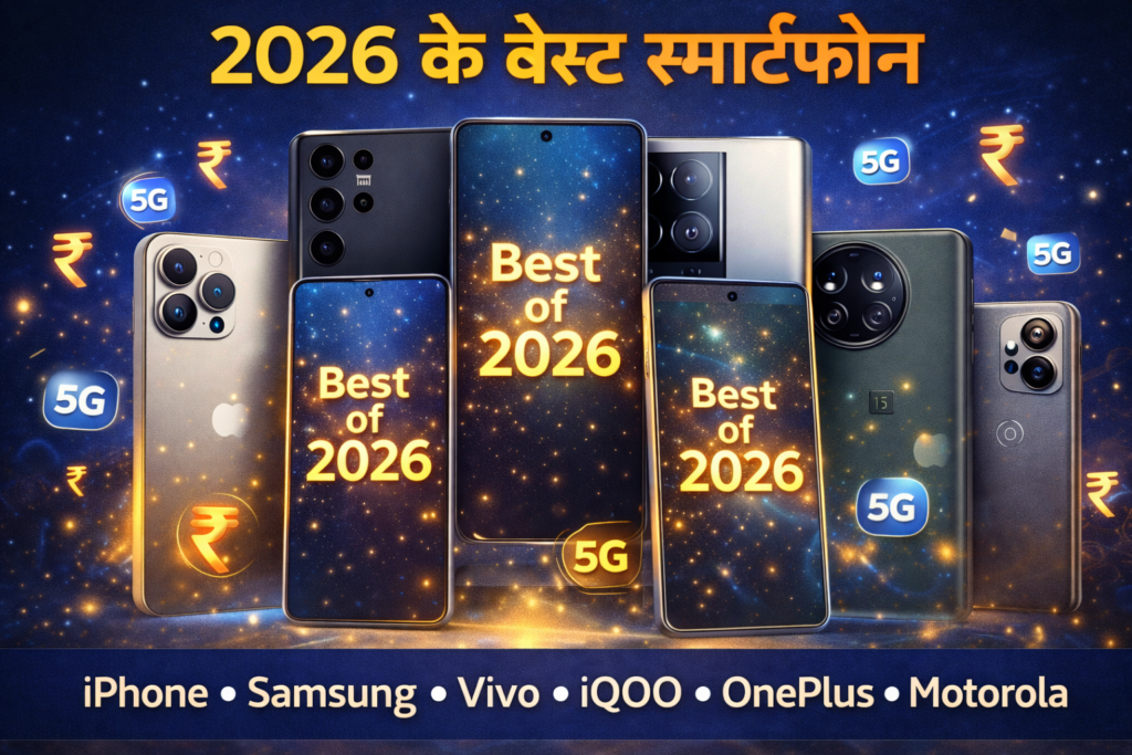 Best smartphones in India 2026 thumbnail showing iPhone 17 Pro Max, Samsung Galaxy S26 Ultra, Vivo X300 Pro, iQOO 15, OnePlus 15, Motorola phones with 5G and premium design