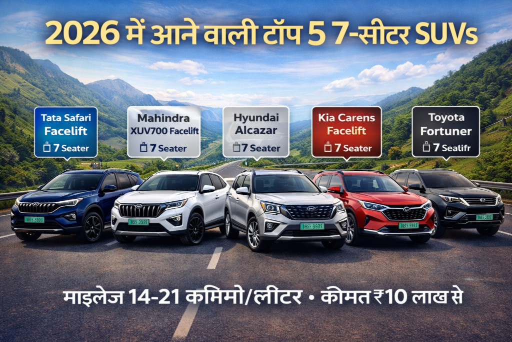 2026 में आने वाली टॉप 5 7-सीटर SUVs – Tata Safari, Mahindra XUV700, Hyundai Alcazar, Kia Carens, Toyota Fortuner कीमत और माइलेज