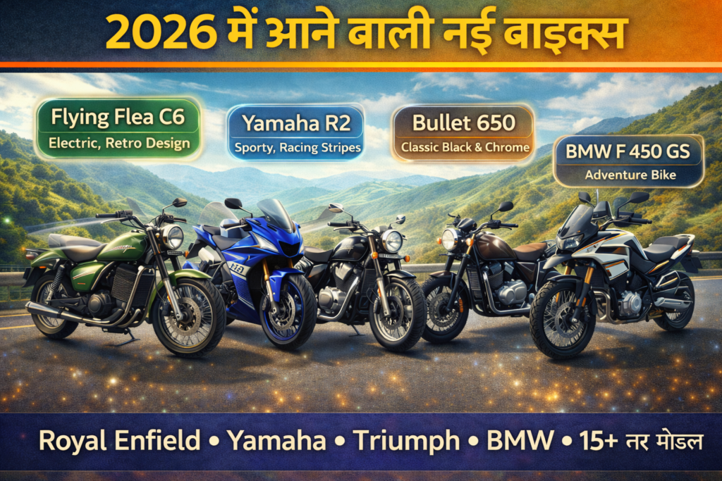 Upcoming future bikes in India 2026 thumbnail showing Royal Enfield, Yamaha, Triumph and BMW motorcycles on mountain road