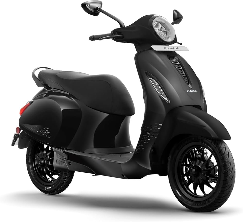 Bajaj Chetak Electric Scooter in Brooklyn Black colour riding on Indian road