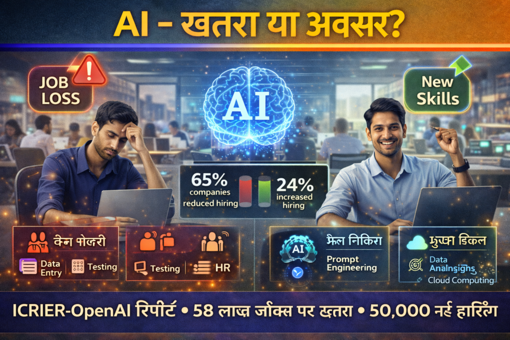 AI taking jobs in India 2026 thumbnail showing job loss vs new skills with employees, AI brain, and hiring trend chart