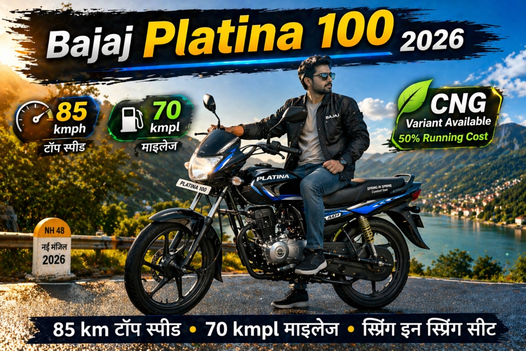Bajaj Platina 100 2026 bike thumbnail showing black blue model on scenic highway with rider, mileage, speed and CNG variant badge