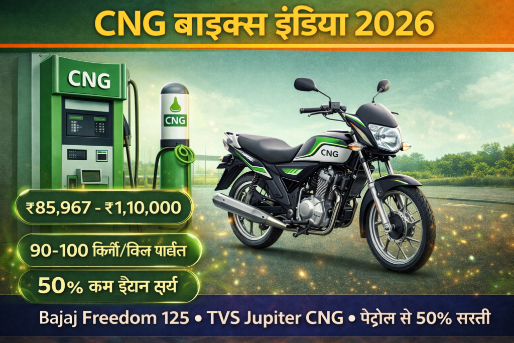 CNG bikes India 2026 thumbnail showing Bajaj Freedom 125 CNG bike near fuel pump with mileage, price and fuel saving details