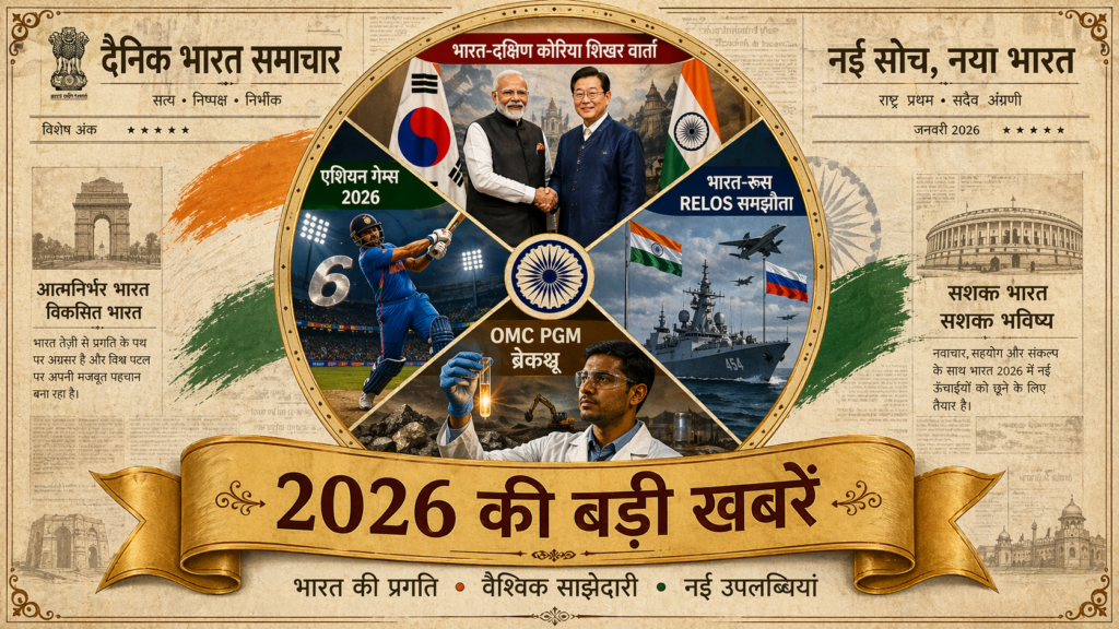 2026 major news India - India-South Korea Strategic Partnership with 15 MoUs, India-Russia RELOS military pact, OMC PGM platinum extraction breakthrough, Sony Asian Games 2026 broadcast rights
