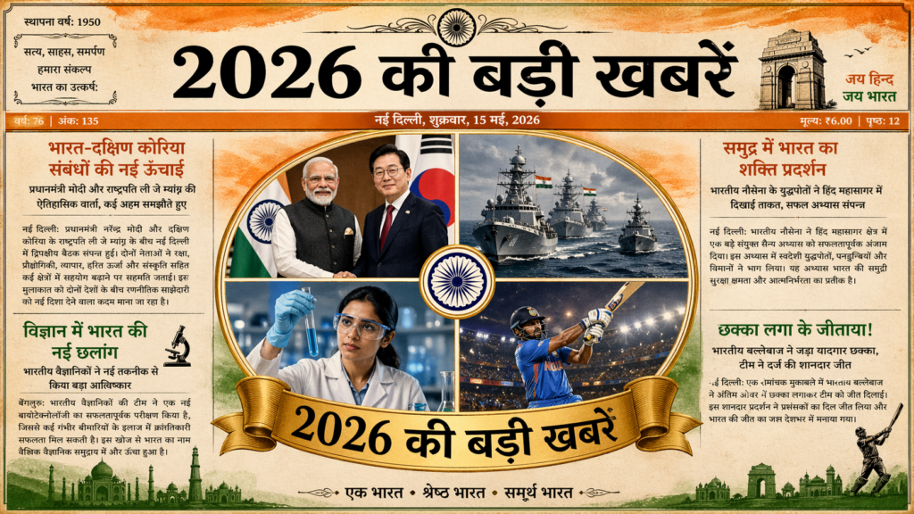 A vintage-style Indian newspaper front page in saffron, white, and green theme featuring a circular collage of PM Modi with Korean President, naval ships, a scientist with a test tube, and a cricketer hitting a six, with a golden ribbon headline in Hindi.