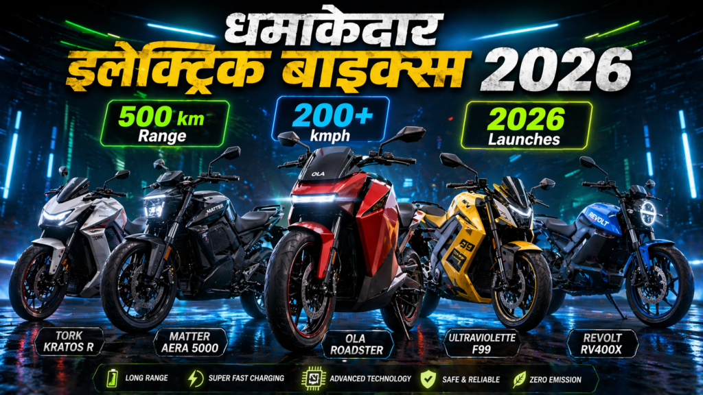 A neon-lit futuristic banner showing five electric bikes—Ola Roadster (red), Ultraviolette F99 (yellow), Revolt RV400X (blue), Matter Aera 5000 (black), and Tork Kratos R (white)—arranged in a semi-circle with glowing badges highlighting range, speed, and 2026 launches