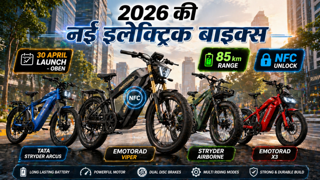 A modern city street banner showing four electric cycles—EMotorad Viper (black, center with glowing NFC badge), Tata Stryder Arcus (blue), Stryder Airborne (green fat-tire), and EMotorad X3 (red)—with badges highlighting 85 km range, NFC unlock, and April 30 launch.