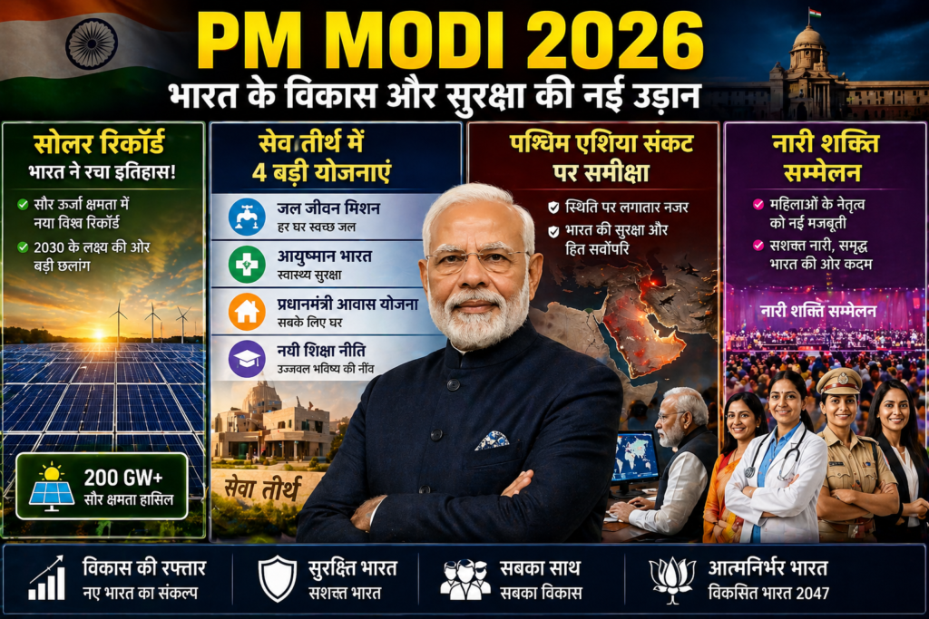 A professional Hindi news-style banner featuring Narendra Modi at the center, surrounded by panels showing solar energy fields, government schemes under Seva Teerth, a West Asia crisis map review, and women leaders at a Nari Shakti conference, with bold headline text.