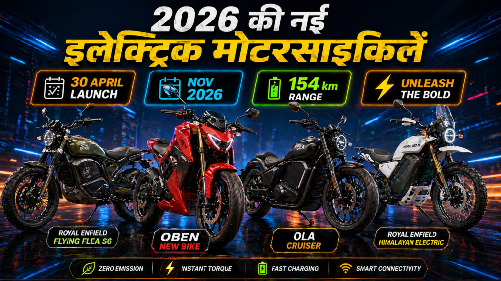 A neon-lit futuristic banner showing four electric motorcycles—Oben new bike (red, center), Royal Enfield Flying Flea S6 (green scrambler), Ola Cruiser (black cruiser), and Royal Enfield Himalayan Electric (white adventure)—with glowing badges for launch dates, range, and features under bold Hindi text.