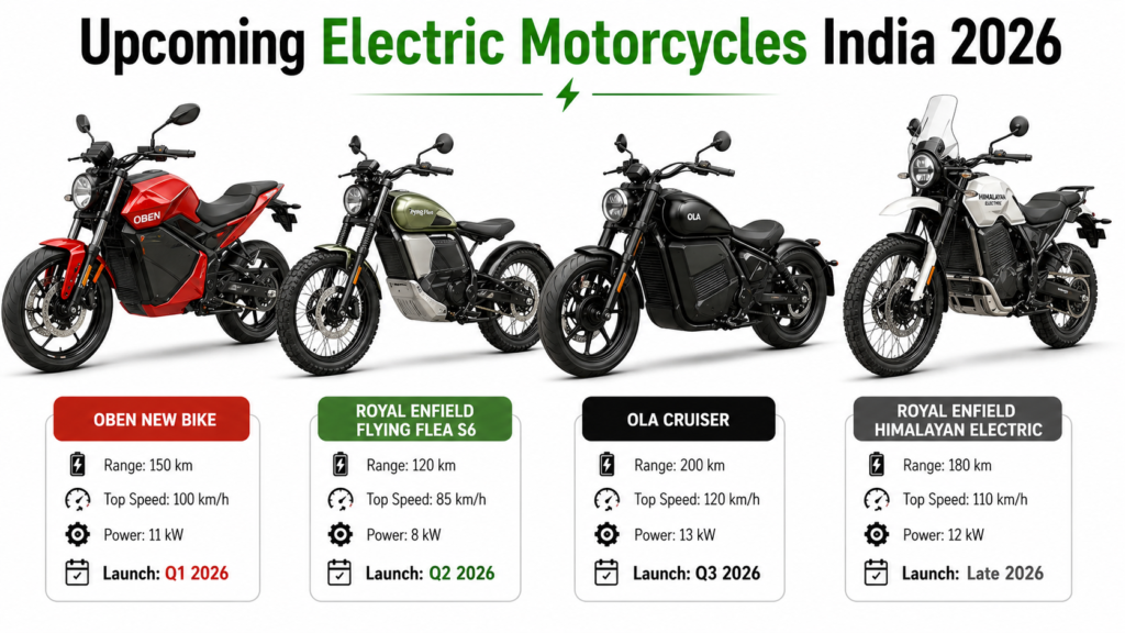 Upcoming electric motorcycles in India 2026 – Oben new bike 30 April launch, Royal Enfield Flying Flea S6, Ola Cruiser, RE Himalayan Electric
