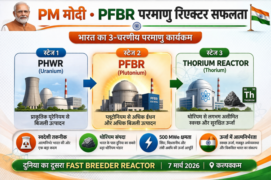 PM Modi PFBR Nuclear Reactor Success – कल्पक्कम की बड़ी उपलब्धि, India का 3rd Stage Nuclear Program
Meta Description: PM Modi PFBR nuclear reactor success – जानिए कल्पक्कम के PFBR रिएक्टर के क्रिटिकल होने की पूरी कहानी, भारत का 3rd स्टेज न्यूक्लियर प्रोग्राम और थोरियम आधारित बिजली के फायदे।Focus Keyword: PM Modi PFBR nuclear reactor success
URL Slug: pm-modi-pfbr-nuclear-reactor-success-kalpakkam-3rd-stage1. Introduction – PM Modi की बड़ी सफलता, PFBR रिएक्टर क्रिटिकल
दोस्तों, भारत ने परमाणु ऊर्जा के क्षेत्र में एक ऐतिहासिक उपलब्धि हासिल की है। तमिलनाडु के कल्पक्कम में स्थित प्रोटोटाइप फास्ट ब्रीडर रिएक्टर (PFBR) 7 मार्च 2026 को क्रिटिकल हो गया . यह दुनिया का रूस के बाद दूसरा FAST BREEDER REACTOR है।PM Modi PFBR nuclear reactor success भारत के परमाणु कार्यक्रम का सबसे बड़ा मील का पत्थर है। इस रिएक्टर के क्रिटिकल होने से भारत ने अपने तीसरे चरण (3rd Stage) के परमाणु कार्यक्रम में प्रवेश कर लिया है। अब भारत थोरियम (Thorium) का उपयोग करके बिजली बना सकेगा।यह उपलब्धि प्रधानमंत्री नरेंद्र मोदी के नेतृत्व में संभव हुई है। आइए, इस लेख में PM Modi PFBR nuclear reactor success के बारे में पूरी जानकारी लेते हैं।Internal Link: अगर आप PM Modi की अन्य उपलब्धियों के बारे में जानना चाहते हैं, तो हमारा यह लेख पढ़ें: [PM Modi Schemes 2026 – Seva Teerth से 4 बड़ी योजनाओं की मंजूरी]2. PFBR Nuclear Reactor – एक नज़र में
विवरण	जानकारी
रिएक्टर का नाम	प्रोटोटाइप फास्ट ब्रीडर रिएक्टर (PFBR)
स्थान	कल्पक्कम, तमिलनाडु
क्षमता	500 MWe (मेगावाट)
ईंधन	यूरेनियम-238 और प्लूटोनियम
भविष्य का ईंधन	थोरियम (Thorium)
निर्माण शुरू	2004
क्रिटिकल हुआ	7 मार्च 2026
ऑपरेटर	भारतीय नाभिकीय विद्युत निगम लिमिटेड (BHAVINI)
दुनिया में स्थान	रूस के बाद दूसरा FAST BREEDER REACTOR
3. What is PFBR? – क्या है प्रोटोटाइप फास्ट ब्रीडर रिएक्टर?
PFBR (Prototype Fast Breeder Reactor) एक उन्नत प्रकार का परमाणु रिएक्टर है। यह न सिर्फ बिजली बनाता है, बल्कि अपने से ज्यादा ईंधन भी पैदा करता है। इसे "ब्रीडर रिएक्टर" इसलिए कहा जाता है क्योंकि यह जितना ईंधन खपत करता है, उससे ज्यादा ईंधन पैदा करता है।PFBR कैसे काम करता है?
प्रक्रिया	विवरण
ईंधन	यूरेनियम-238 और प्लूटोनियम का मिश्रण
कूलेंट	तरल सोडियम (Liquid Sodium)
फास्ट न्यूट्रॉन	सामान्य रिएक्टर (PWR) से तेज न्यूट्रॉन का उपयोग
फायदा	अधिक ईंधन पैदा करता है
PFBR की 3 खासियतें
खासियत	विवरण
ब्रीडिंग क्षमता	खपत से ज्यादा ईंधन पैदा करता है
थोरियम उपयोग	भारत के विशाल थोरियम भंडार का उपयोग करेगा
परमाणु कचरा	सामान्य रिएक्टरों की तुलना में कम कचरा
4. India's 3-Stage Nuclear Program – 3 स्टेज प्रोग्राम, होमी भाभा का सपना हुआ साकार
भारत का परमाणु कार्यक्रम डॉ. होमी जहांगीर भाभा की देन है। उन्होंने 1950 के दशक में तीन चरणों वाला परमाणु कार्यक्रम तैयार किया था। PFBR के क्रिटिकल होने के साथ ही यह तीसरा चरण पूरा हो गया है।पहला चरण (Stage 1)
विवरण	जानकारी
तकनीक	प्रेशराइज्ड हैवी वाटर रिएक्टर (PHWR)
ईंधन	प्राकृतिक यूरेनियम
उप-उत्पाद	प्लूटोनियम
स्थिति	पूरा – कई रिएक्टर चल रहे हैं
दूसरा चरण (Stage 2)
विवरण	जानकारी
तकनीक	फास्ट ब्रीडर रिएक्टर (FBR)
ईंधन	प्लूटोनियम + यूरेनियम-238
उप-उत्पाद	अधिक प्लूटोनियम + यूरेनियम-233
स्थिति	अब पूरा – PFBR क्रिटिकल
तीसरा चरण (Stage 3)
विवरण	जानकारी
तकनीक	थोरियम आधारित रिएक्टर
ईंधन	यूरेनियम-233 (थोरियम से बना)
विशेषता	भारत के थोरियम भंडार का उपयोग
स्थिति	अब शुरू
Internal Link: अगर आप भारत की वैज्ञानिक उपलब्धियों के बारे में जानना चाहते हैं, तो हमारा यह लेख पढ़ें: [India Defence Exports Record ₹38,424 Crore – How India Became a Global Defence Manufacturing Hub]5. Why Thorium is Important for India – थोरियम क्यों है भारत के लिए वरदान?
भारत के पास दुनिया का सबसे बड़ा थोरियम (Thorium) भंडार है। केरल, झारखंड, बिहार, राजस्थान और आंध्र प्रदेश की रेत में थोरियम मौजूद है।भारत में थोरियम भंडार
राज्य	थोरियम का भंडार
केरल	सबसे अधिक
झारखंड	अच्छी मात्रा
बिहार	मौजूद
राजस्थान	मौजूद
आंध्र प्रदेश	मौजूद
थोरियम के फायदे
फायदा	विवरण
प्रचुर मात्रा में उपलब्ध	भारत के पास दुनिया का 25% थोरियम
सुरक्षित	थोरियम रिएक्टर परमाणु हथियार नहीं बना सकते
कम कचरा	यूरेनियम से कम परमाणु कचरा
सस्ती बिजली	लंबे समय में सबसे सस्ती बिजली
आत्मनिर्भरता	दूसरे देशों पर निर्भरता खत्म
6. PM Modi's Vision for Nuclear Energy – मोदी सरकार का परमाणु ऊर्जा पर फोकस
प्रधानमंत्री नरेंद्र मोदी ने हमेशा परमाणु ऊर्जा को भारत के विकास की प्राथमिकता में रखा है।PM Modi के प्रमुख फैसले
फैसला	विवरण
PFBR को पूरा करना	2004 से चल रहे प्रोजेक्ट को गति दी
परमाणु संयंत्रों का विस्तार	2031 तक 21 नए परमाणु संयंत्र
थोरियम पर जोर	तीसरे चरण के कार्यक्रम को तेज किया
अंतरराष्ट्रीय सहयोग	अमेरिका, फ्रांस, रूस, जापान के साथ समझौते
PM Modi का बयान
प्रधानमंत्री मोदी ने कहा:"PFBR का क्रिटिकल होना भारत के परमाणु कार्यक्रम का सबसे बड़ा मील का पत्थर है। यह आत्मनिर्भर भारत की दिशा में एक बड़ा कदम है। थोरियम का उपयोग करके हम भारत को ऊर्जा के क्षेत्र में आत्मनिर्भर बनाएंगे।"7. Global Significance of PFBR – दुनिया में PFBR का क्या महत्व है?
PFBR सिर्फ भारत के लिए ही नहीं, बल्कि पूरी दुनिया के लिए महत्वपूर्ण है।दुनिया में कितने FBR हैं?
देश	FBR रिएक्टर	स्थिति
रूस	BN-600, BN-800	चालू
भारत	PFBR	क्रिटिकल (2026)
जापान	Monju	बंद
चीन	CEFR	चालू (छोटा)
फ्रांस	Superphénix	बंद
भारत का दुनिया में दूसरा स्थान
PFBR के क्रिटिकल होने के साथ, भारत रूस के बाद दुनिया का दूसरा देश बन गया है जिसके पास कमर्शियल फास्ट ब्रीडर रिएक्टर है।PFBR की क्षमता
PFBR की क्षमता 500 MWe है। यह लगभग 5 लाख घरों को बिजली दे सकता है।8. Benefits for India – भारत को क्या फायदे होंगे?
PM Modi PFBR nuclear reactor success से भारत को कई फायदे होंगे:लाभ	विवरण
सस्ती बिजली	थोरियम से बिजली बनाना सस्ता है
आत्मनिर्भरता	यूरेनियम आयात पर निर्भरता कम होगी
रोजगार	नए परमाणु संयंत्रों से हजारों नौकरियां
स्वच्छ ऊर्जा	कार्बन उत्सर्जन में कमी
तकनीकी नेतृत्व	दुनिया में परमाणु तकनीक में भारत का नाम
निर्यात	परमाणु तकनीक का निर्यात
भारत की ऊर्जा जरूरतें
साल	बिजली की जरूरत
2026	1,800 TWh
2030	2,500 TWh
2047	5,000 TWh
PFBR जैसे रिएक्टर इस जरूरत को पूरा करने में मदद करेंगे।Internal Link: अगर आप भारत की ऊर्जा योजनाओं के बारे में जानना चाहते हैं, तो हमारा यह लेख पढ़ें: [PM Surya Ghar Muft Bijli Yojana 2026 – ₹78,000 सब्सिडी]9. Future of Nuclear Energy in India – भारत का परमाणु ऊर्जा का भविष्य
PFBR के क्रिटिकल होने के बाद, भारत का परमाणु कार्यक्रम तेजी से आगे बढ़ेगा।आने वाले प्रोजेक्ट्स
प्रोजेक्ट	क्षमता	तारीख
PFBR	500 MWe	चालू (2026)
FBR-1	600 MWe	2028
FBR-2	600 MWe	2029
थोरियम रिएक्टर	300 MWe	2030
2030 तक का लक्ष्य
कुल परमाणु क्षमता: 22,000 MWe (अब 6,780 MWe है)कुल परमाणु संयंत्र: 21 नएथोरियम रिएक्टर: कम से कम 310. Helpline and Official Sources – हेल्पलाइन और आधिकारिक स्रोत
PFBR और भारत के परमाणु कार्यक्रम से जुड़ी अधिकारिक जानकारी के लिए नीचे दिए गए स्रोतों का उपयोग करें:सेवा का नाम	वेबसाइट / नंबर
भारतीय नाभिकीय विद्युत निगम (NPCIL)	https://npcil.nic.in
भाविनी (BHAVINI)	https://www.bhavini.nic.in
परमाणु ऊर्जा विभाग (DAE)	https://dae.gov.in
प्रधानमंत्री कार्यालय (PMO)	https://www.pmindia.gov.in
11. Conclusion – आत्मनिर्भर भारत की ओर बड़ा कदम
दोस्तों, PM Modi PFBR nuclear reactor success भारत के परमाणु कार्यक्रम का सबसे बड़ा मील का पत्थर है। PFBR के क्रिटिकल होने के साथ, भारत ने अपने तीसरे चरण के परमाणु कार्यक्रम में प्रवेश कर लिया है। अब भारत थोरियम का उपयोग करके बिजली बना सकेगा।महत्वपूर्ण बातें याद रखें:PFBR दुनिया का रूस के बाद दूसरा FAST BREEDER REACTOR हैइसकी क्षमता 500 MWe (5 लाख घरों की बिजली) हैभारत के पास दुनिया का 25% थोरियम भंडार हैPFBR के क्रिटिकल होने के साथ होमी भाभा का सपना साकार हुआयह आत्मनिर्भर भारत की दिशा में एक बड़ा कदम हैयह उपलब्धि प्रधानमंत्री नरेंद्र मोदी के दूरदर्शी नेतृत्व में संभव हुई है। इस आर्टिकल को अपने दोस्तों और परिवार के साथ जरूर शेयर करें।12. Frequently Asked Questions (FAQs)
प्रश्न 1: PFBR रिएक्टर क्या है और यह कहाँ स्थित है?
PFBR (Prototype Fast Breeder Reactor) एक उन्नत परमाणु रिएक्टर है जो तरल सोडियम कूलेंट का उपयोग करता है। यह खपत से ज्यादा ईंधन पैदा करता है। यह रिएक्टर तमिलनाडु के कल्पक्कम में स्थित है। इसकी क्षमता 500 MWe है और यह 7 मार्च 2026 को क्रिटिकल हुआ।प्रश्न 2: PFBR भारत के लिए क्यों महत्वपूर्ण है?
PFBR इसलिए महत्वपूर्ण है क्योंकि यह भारत के तीसरे चरण के परमाणु कार्यक्रम की शुरुआत है। इससे भारत थोरियम का उपयोग करके बिजली बना सकेगा। भारत के पास दुनिया का 25% थोरियम भंडार है, जिसका उपयोग अब किया जा सकेगा। यह आत्मनिर्भर भारत की दिशा में एक बड़ा कदम है।प्रश्न 3: भारत का तीसरा चरण (3rd Stage) परमाणु कार्यक्रम क्या है?
भारत का तीन चरणों वाला परमाणु कार्यक्रम डॉ. होमी भाभा ने तैयार किया था। पहले चरण में PHWR रिएक्टर, दूसरे चरण में फास्ट ब्रीडर रिएक्टर (PFBR) और तीसरे चरण में थोरियम आधारित रिएक्टर शामिल हैं। PFBR के क्रिटिकल होने के साथ, भारत अब तीसरे चरण में प्रवेश कर चुका है।प्रश्न 4: थोरियम का उपयोग क्यों महत्वपूर्ण है?
थोरियम महत्वपूर्ण है क्योंकि भारत के पास इसका विशाल भंडार है। यह यूरेनियम से अधिक सुरक्षित है, कम परमाणु कचरा पैदा करता है, और इसका उपयोग परमाणु हथियार नहीं बनाया जा सकता। थोरियम का उपयोग करके भारत लंबे समय तक सस्ती और स्वच्छ बिजली बना सकता है।