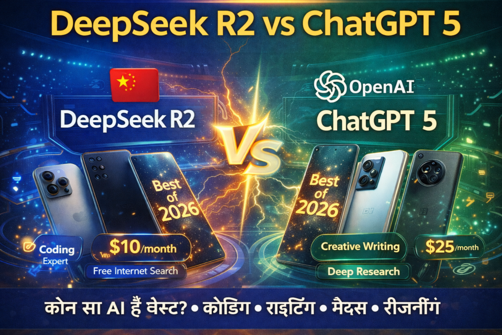 DeepSeek R2 vs ChatGPT 5 thumbnail showing AI comparison with split screen, features like coding, writing, pricing, and futuristic tech background