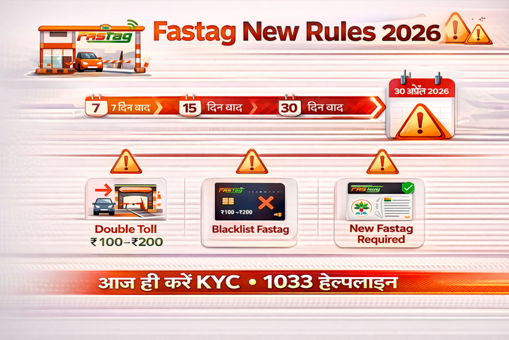 Fastag New Rules 2026 infographic jisme 30 April 2026 KYC deadline, double toll ₹100 se ₹200 penalty, blacklist fastag aur new fastag required ke warning icons aur online KYC steps dikhaye gaye hain