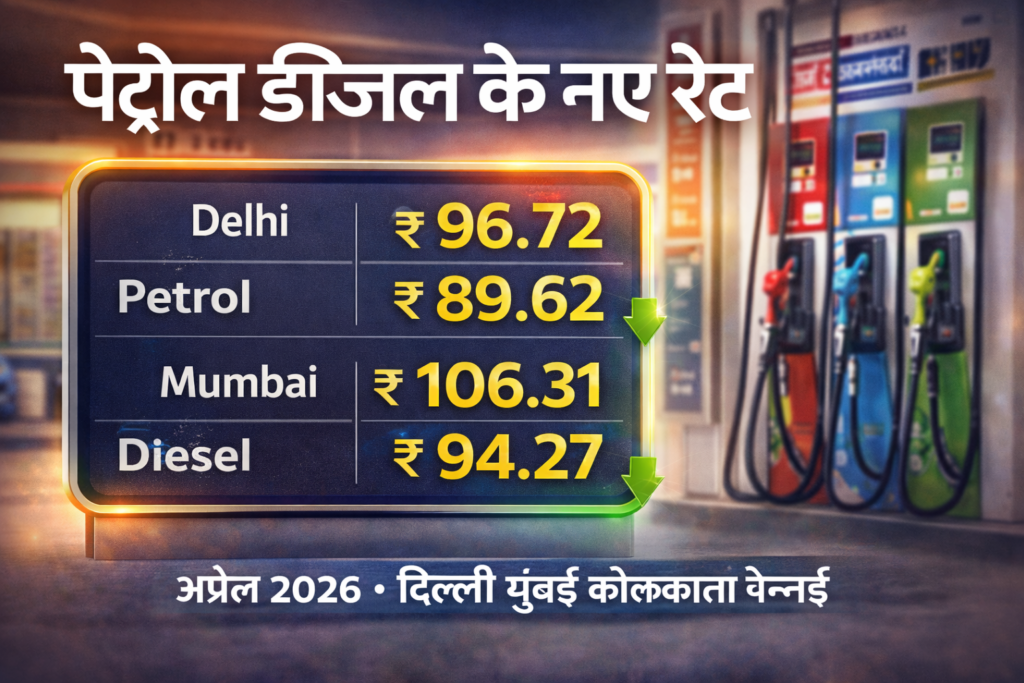 पेट्रोल डीजल के नए रेट अप्रैल 2026 – दिल्ली पेट्रोल ₹96.72, डीजल ₹89.62, मुंबई पेट्रोल ₹106.31, डीजल ₹94.27