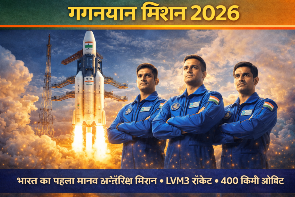 ISRO Gaganyaan Mission 2026 thumbnail showing LVM3 rocket launch with Indian astronauts and Sriharikota launch pad