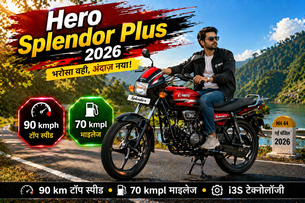 Hero Splendor Plus 2026 bike thumbnail showing red black model on highway with rider, speed, mileage and i3S feature
