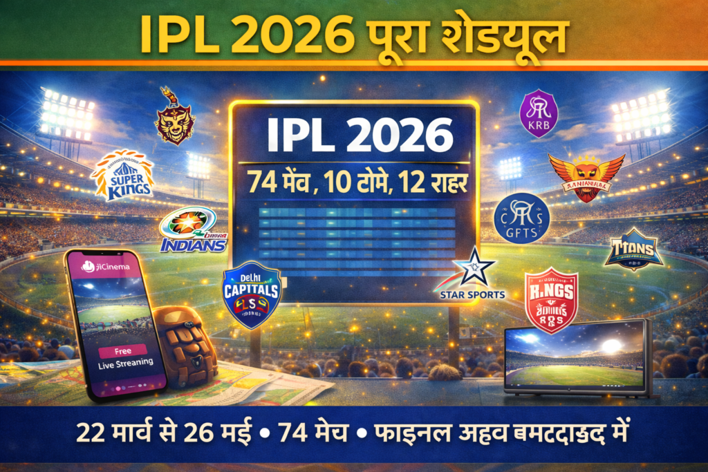 IPL 2026 schedule thumbnail showing cricket stadium, team logos, match details, live streaming on JioCinema and Star Sports