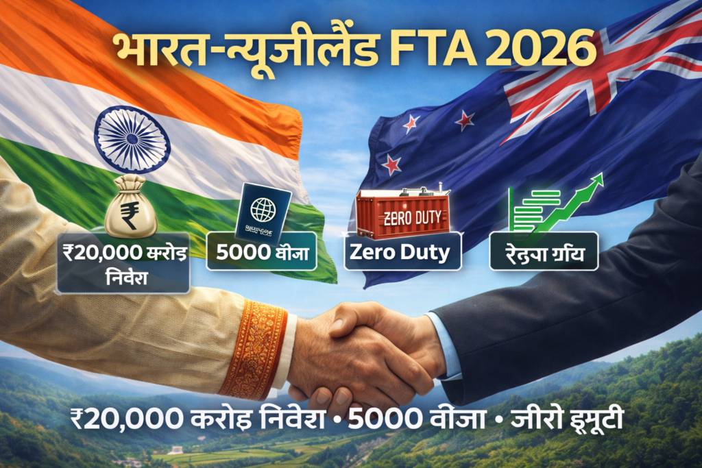 भारत-न्यूजीलैंड FTA 2026 – ₹20,000 करोड़ निवेश, 5000 वीजा, जीरो ड्यूटी एक्सपोर्ट और ट्रेड ग्रोथ