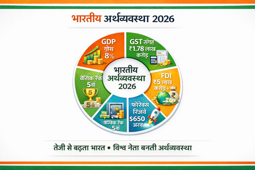 Indian Economy 2026 - 8% GDP growth, ₹1.78 lakh crore GST collection, ₹5 lakh crore FDI, world's 5th largest economy