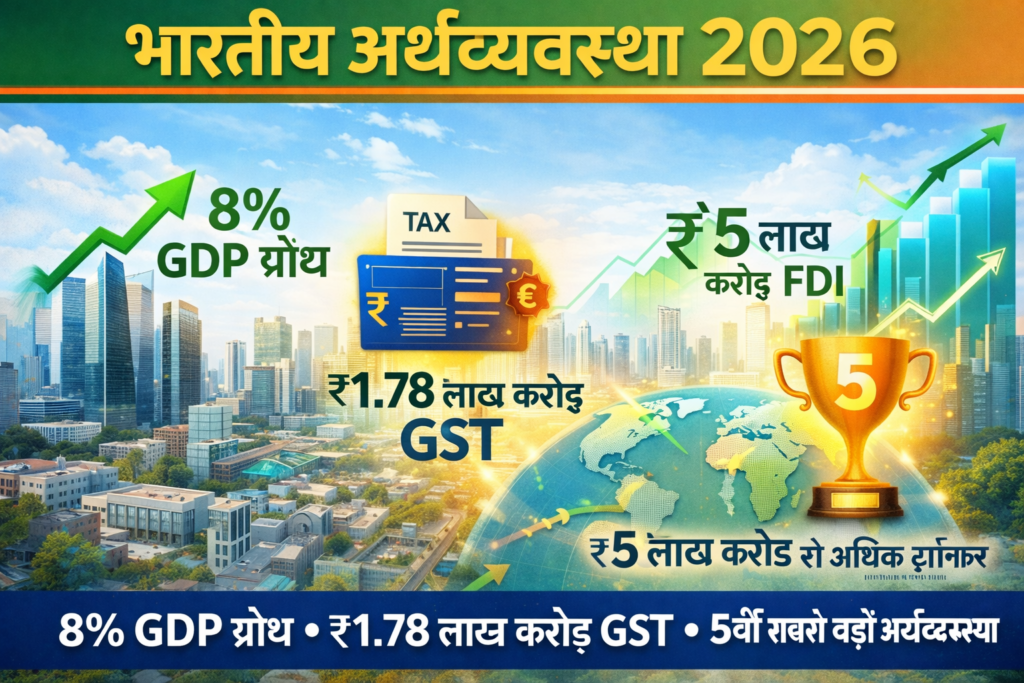 Indian Economy 2026 thumbnail showing modern city skyline with GDP growth graph, GST collection, FDI investment, and 5th largest economy achievement