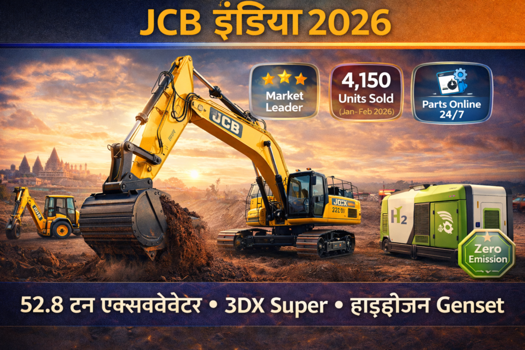 JCB India 2026 banner showing 520X LC excavator, 3DX Super backhoe loader and hydrogen genset at construction site