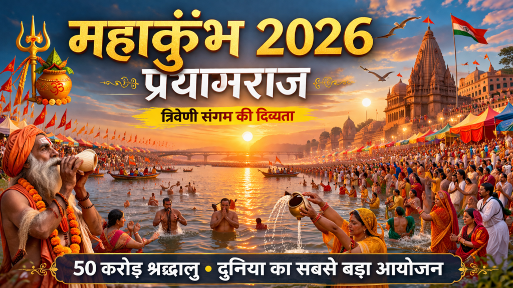 Mahakumbh 2026 Prayagraj ka spiritual scene jisme Triveni Sangam par hazaron shraddhalu sunrise ke samay pavitra snan kar rahe hain, ghats, mandir aur tents dikh rahe hain