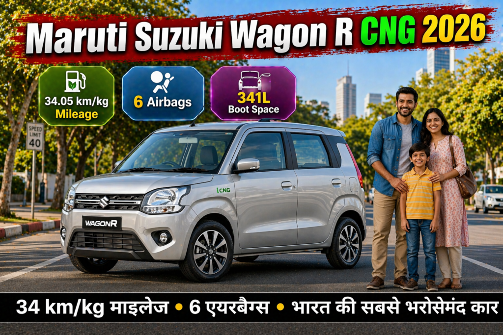 Maruti Suzuki Wagon R CNG 2026 silver car with happy family on city road showing mileage airbags and boot space