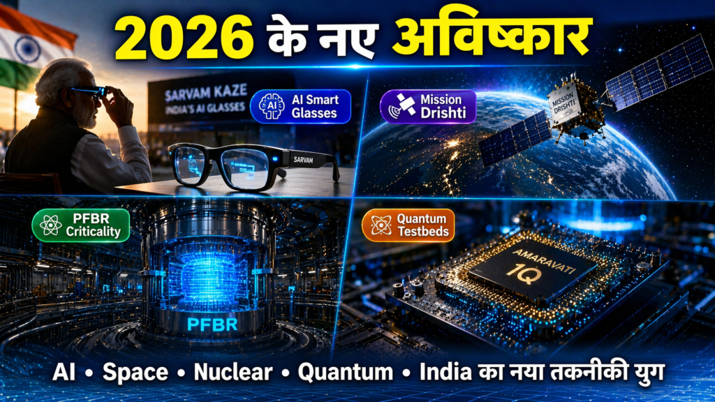 A futuristic collage showing AI smart glasses, a satellite in space labeled Mission Drishti, a glowing PFBR nuclear reactor, and a quantum processor Amaravati 1Q with Hindi title text.