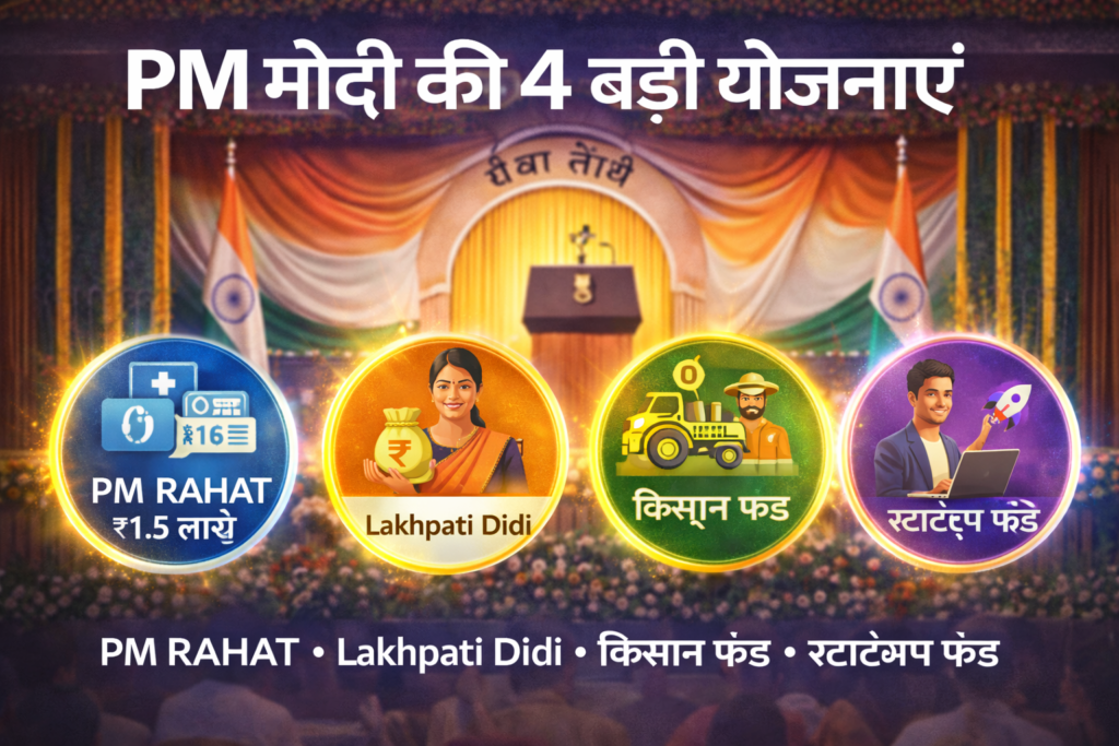 PM Modi ki nai yojana 2026 infographic jisme circular chart me PM Rahat ₹1.5 lakh, Lakhpati Didi 6 crore target, Agri Fund ₹2 lakh crore aur Startup Fund ₹10,000 crore dikhaya gaya hai