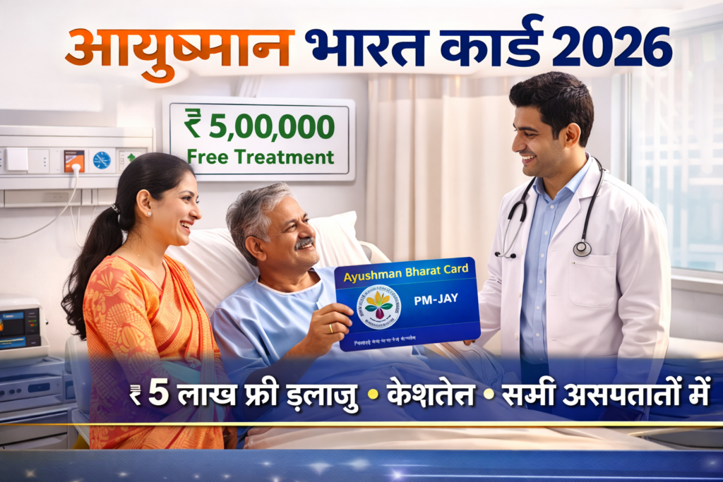 Ayushman Bharat Card 2026 image jisme hospital room me patient PM-JAY card dikhata hua, doctor aur family member ke saath ₹5 lakh free treatment board dikh raha hai