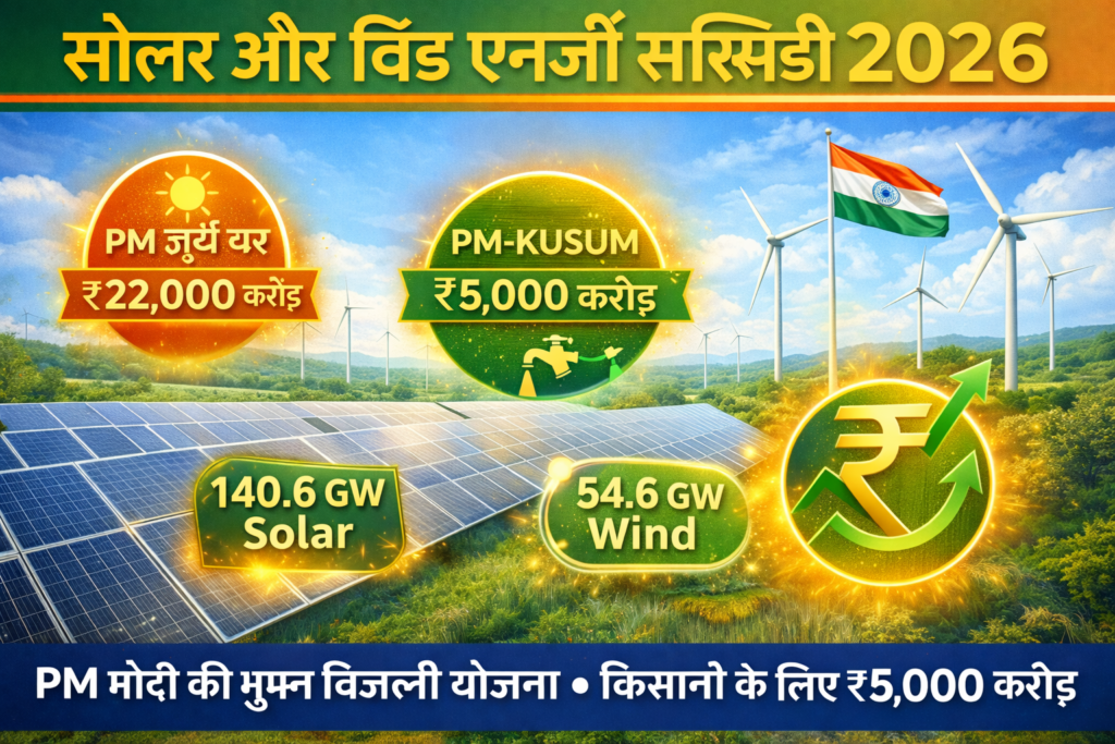 Solar and Wind Energy Subsidies India 2026 thumbnail showing solar panels, wind turbines, subsidy schemes, and renewable energy growth indicators