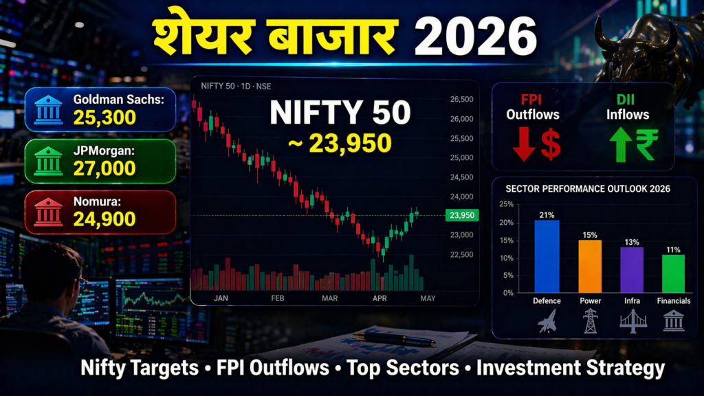 A professional stock market dashboard showing Nifty 50 chart with recovery trend, analyst targets, FPI outflows and DII inflows indicators, and sector performance bars.