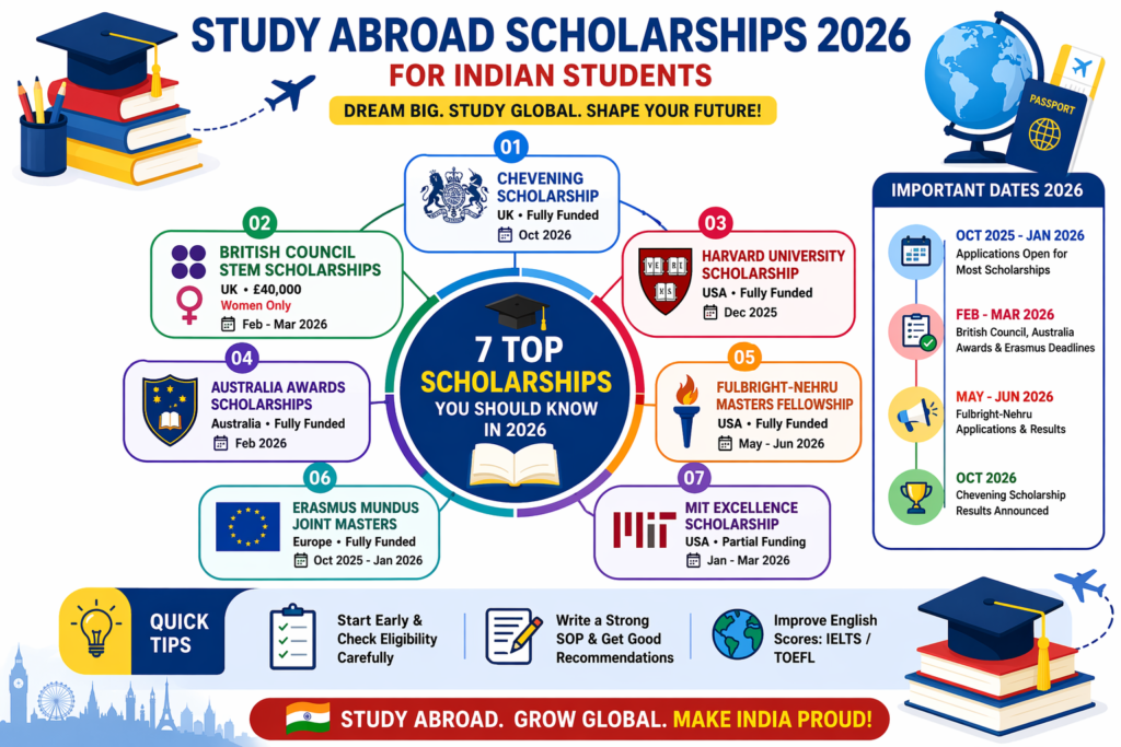 Study abroad scholarships 2026 - Chevening, British Council STEM, Sussex India, GREAT, Inlaks, DAAD KOSPIE, Erasmus Mundus