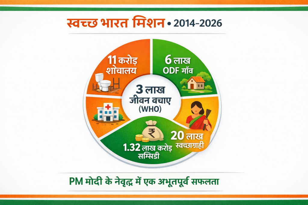 PM Modi Swachh Bharat Mission success 2026 - 11 करोड़ शौचालय, 6 लाख गांव ODF, WHO के अनुसार 3 लाख जिंदगियां बचीं