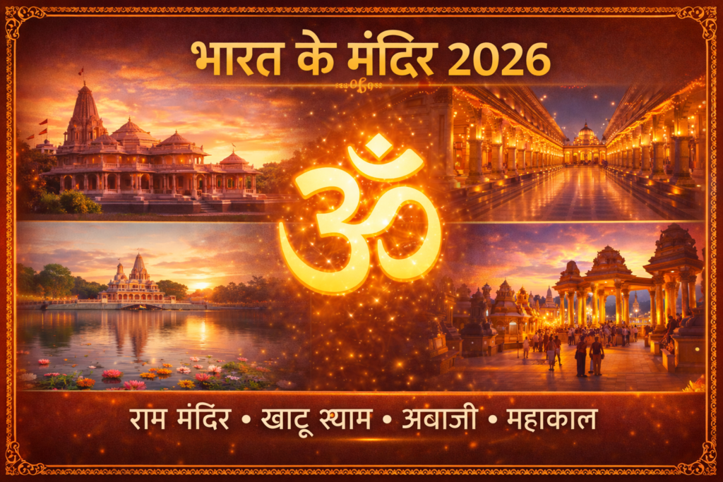 Temples in India 2026 banner showing Ram Mandir Ayodhya, Khatu Shyam, Ambaji Temple and Mahakal Corridor with glowing Om symbol