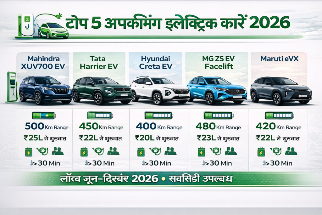 Top 5 Upcoming Electric Cars in India 2026 - Mahindra XUV700 EV, Tata Harrier EV, Hyundai Creta EV, MG ZS EV Facelift, Maruti eVX
