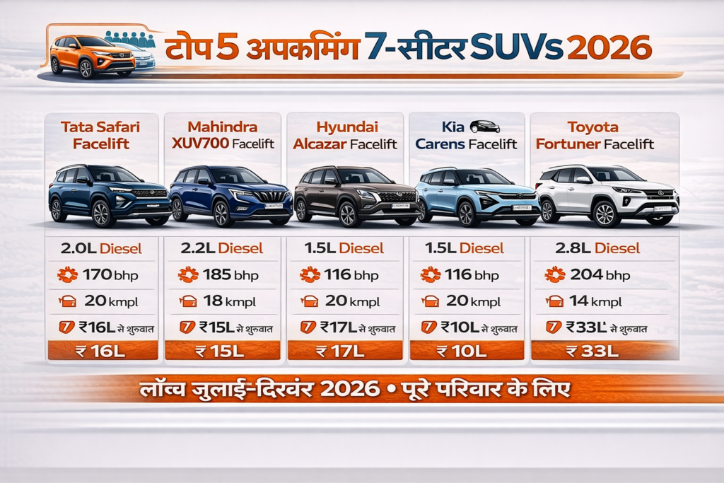 Top 5 Upcoming 7-Seater SUVs in India 2026 - Tata Safari Facelift, Mahindra XUV700 Facelift, Hyundai Alcazar Facelift, Kia Carens Facelift, Toyota Fortuner Facelift