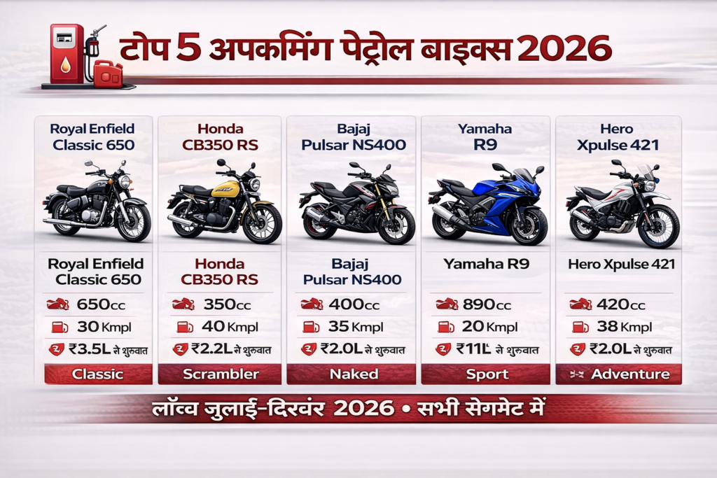 Top 5 upcoming petrol bikes 2026 infographic jisme Royal Enfield Classic 650, Honda CB350 RS, Bajaj Pulsar NS400, Yamaha R9 aur Hero Xpulse 421 ke engine cc, mileage aur price comparison dikhaya gaya hai
