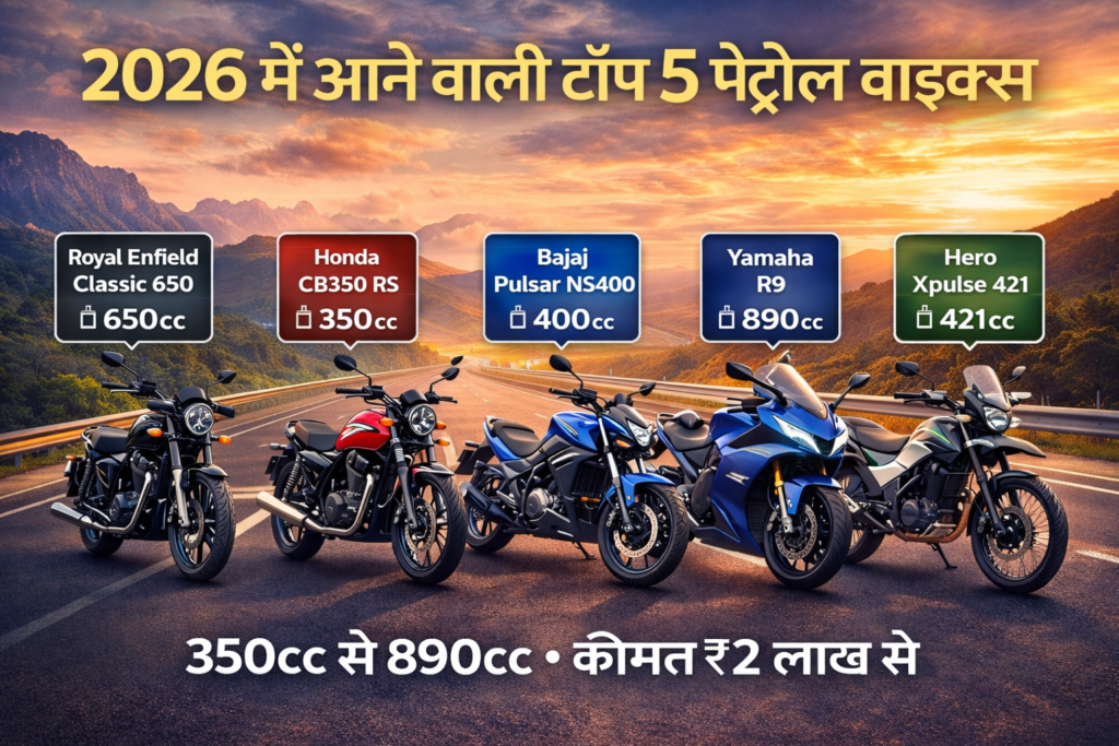 Top 5 Upcoming Petrol Bikes in India 2026 - Royal Enfield Classic 650, Honda CB350 RS, Bajaj Pulsar NS400, Yamaha R9, Hero Xpulse 421