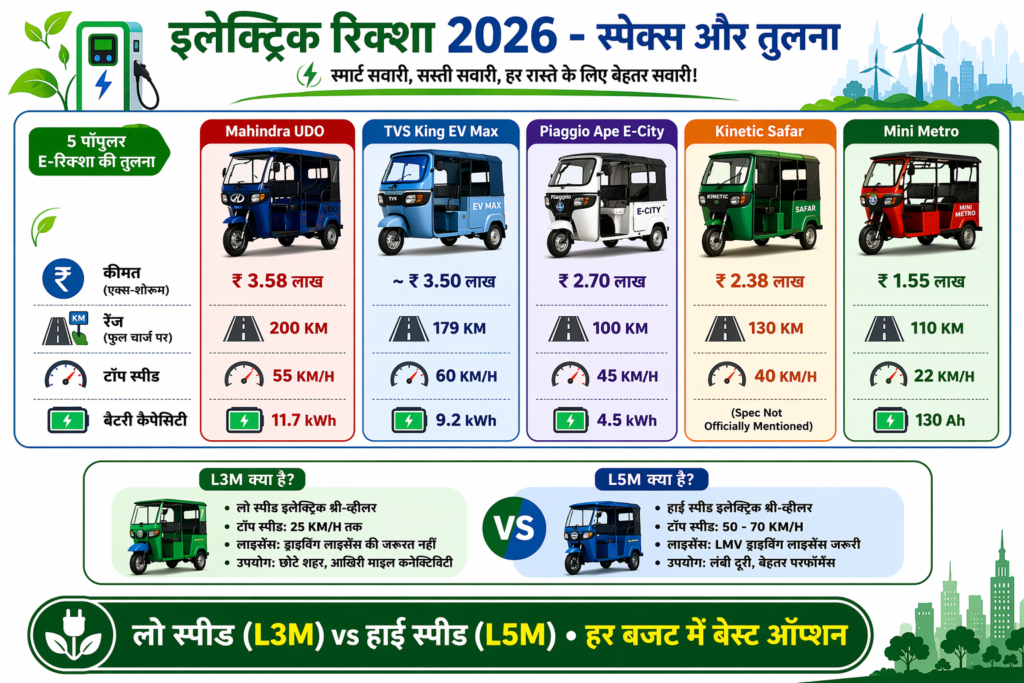 Electric rickshaw India 2026 specifications - Mahindra UDO 200km range, TVS King EV Max 60kmph speed, Piaggio Ape E-City, Kinetic Safar, Mini Metro