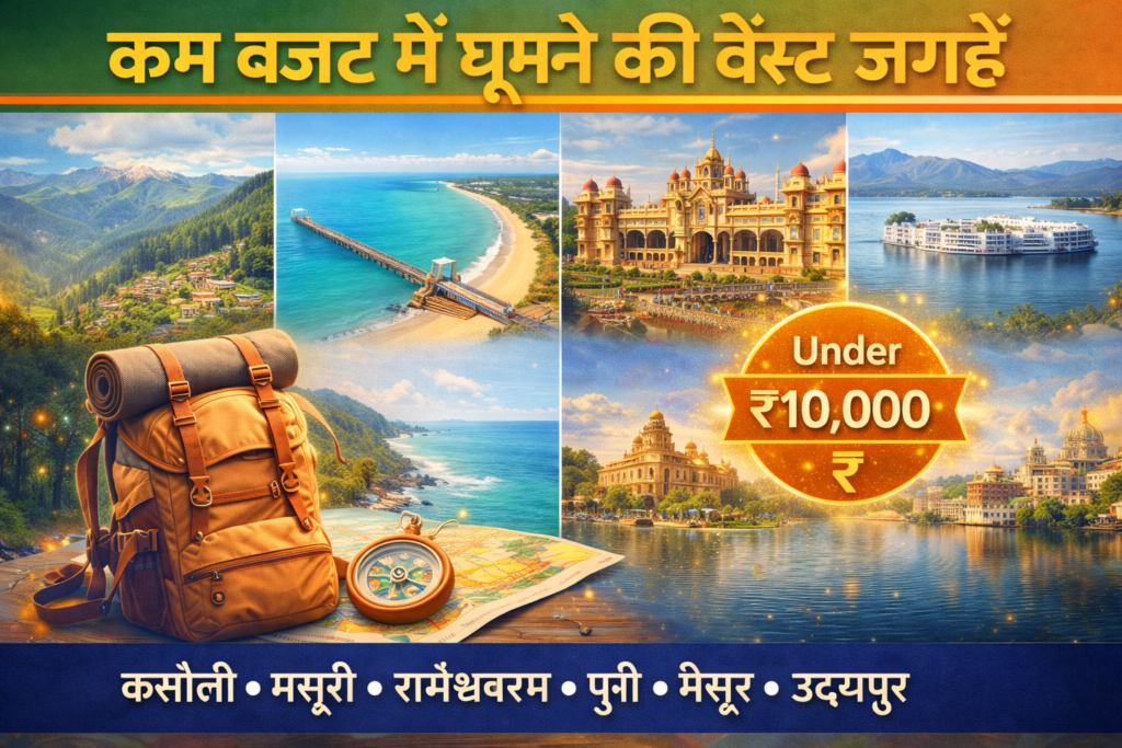 Budget travel destinations India 2026 thumbnail showing Kasauli mountains, Rameswaram beach, Mysore palace, Udaipur lake with backpack and under ₹10,000 travel badge