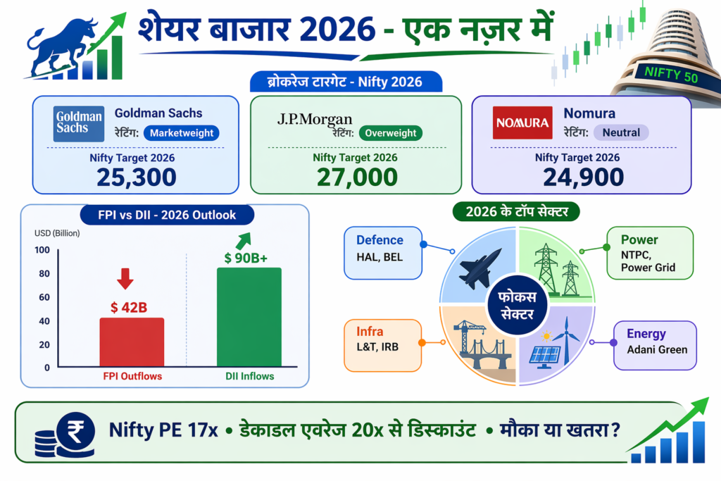 Share market 2026 Nifty target - Goldman Sachs 25300, JPMorgan 27000, Nomura 24900, FPI outflows $42 billion