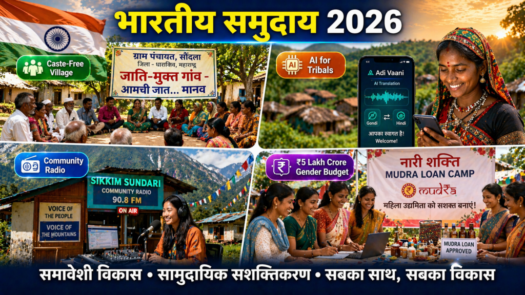 A collage showing a caste-free village meeting, a tribal woman using AI translation app, a community radio station in mountains, and women entrepreneurs at a Mudra loan camp with Indian flag background.